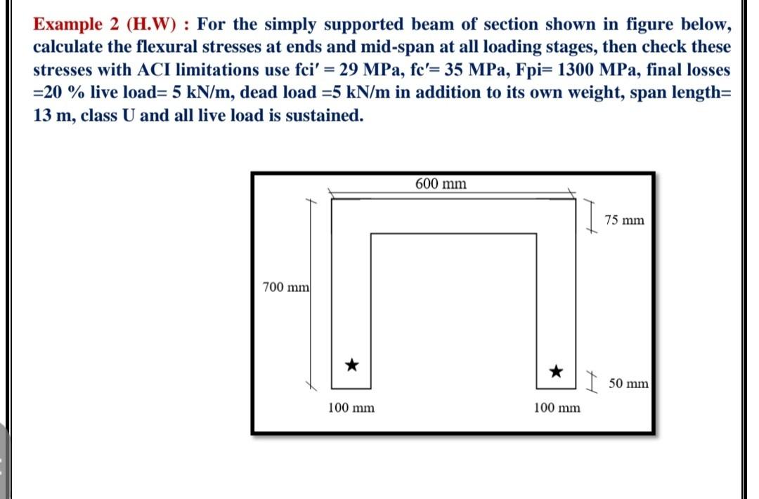 Example 2 H W For The Simply Supported Beam Of Section Shown In Figure Below Calculate The Flexural Stresses At Ends 1