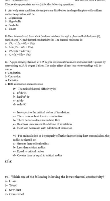 Choose The Appropriate Answer S For The Following Questions 1 At Steady State Condition The Temperature Distribution 1