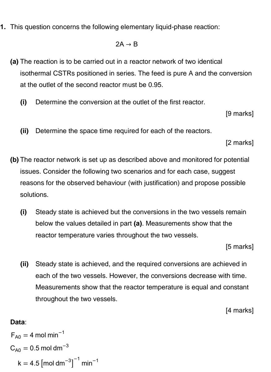 This Question Concerns The Following Elementary Liquid Phase Reaction 2a B A The Reaction Is To Be Carried Out In A 3