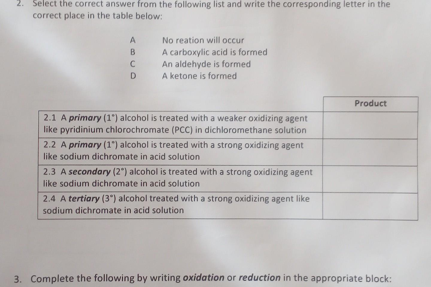 2 Select The Correct Answer From The Following List And Write The Corresponding Letter In The Correct Place In The Tabl 1