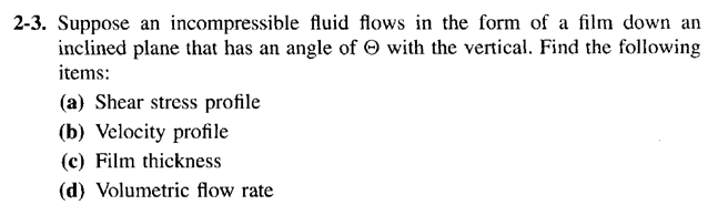 2 3 Suppose An Incompressible Fluid Flows In The Form Of A Film Down An Inclined Plane That Has An Angle Of With The Ve 1