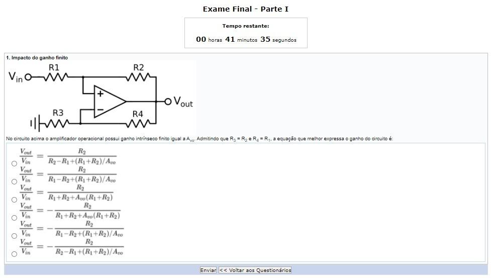 Exame Final Parte I Tempo Restante 00 Horas 41 Minutos 35 Segundos 1 Impacto Do Ganho Finito R1 In W R2 Vout Lite R 1