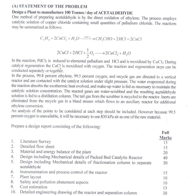 A Statement Of The Problem Design A Plant To Manufacture 100 Tonnes Day Of Acetaldehyde One Method Of Preparing Acet 1