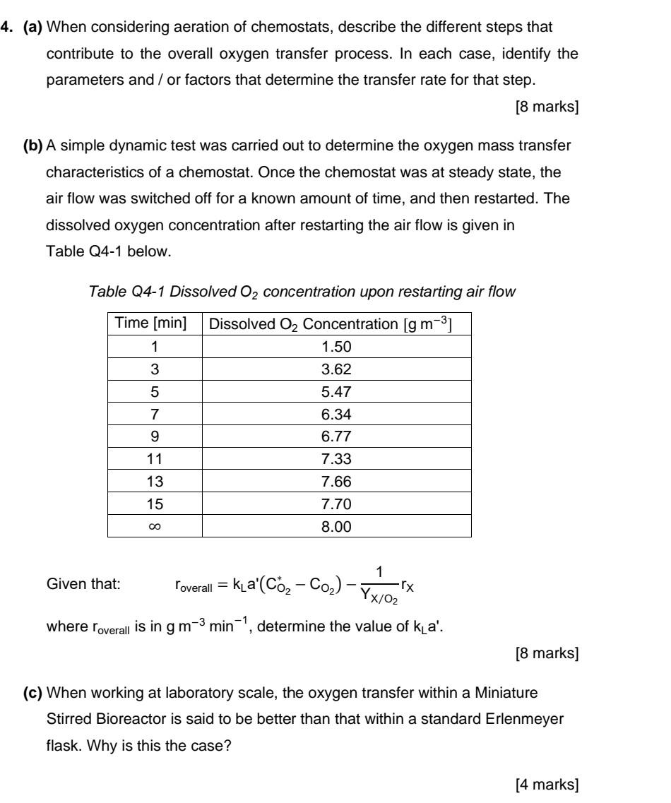 4 A When Considering Aeration Of Chemostats Describe The Different Steps That Contribute To The Overall Oxygen Trans 1