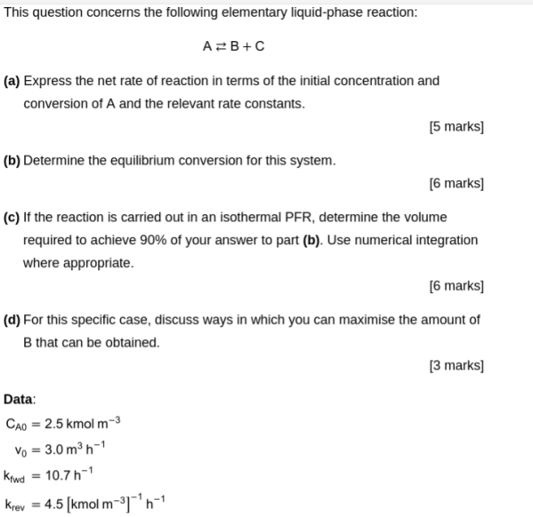 This Question Concerns The Following Elementary Liquid Phase Reaction A B C A Express The Net Rate Of Reaction In Ter 1