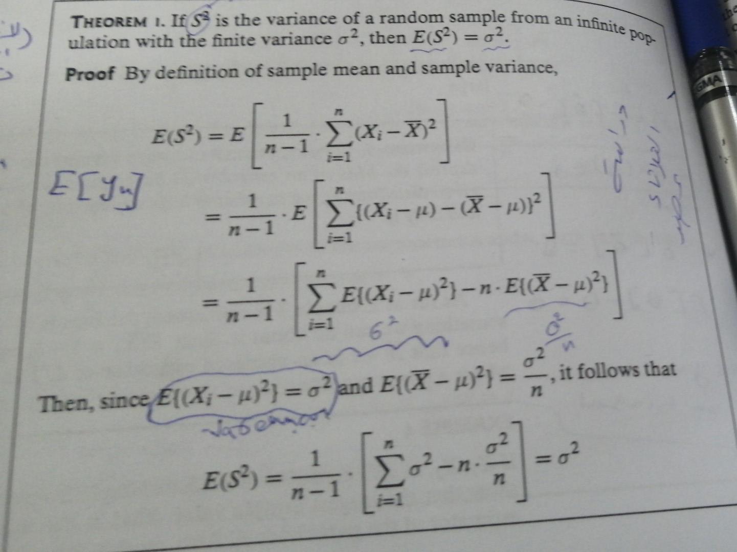 W Pop Theorem I If Ss Is The Variance Of A Random Sample From An Infinite Ulation With The Finite Variance O Then 1