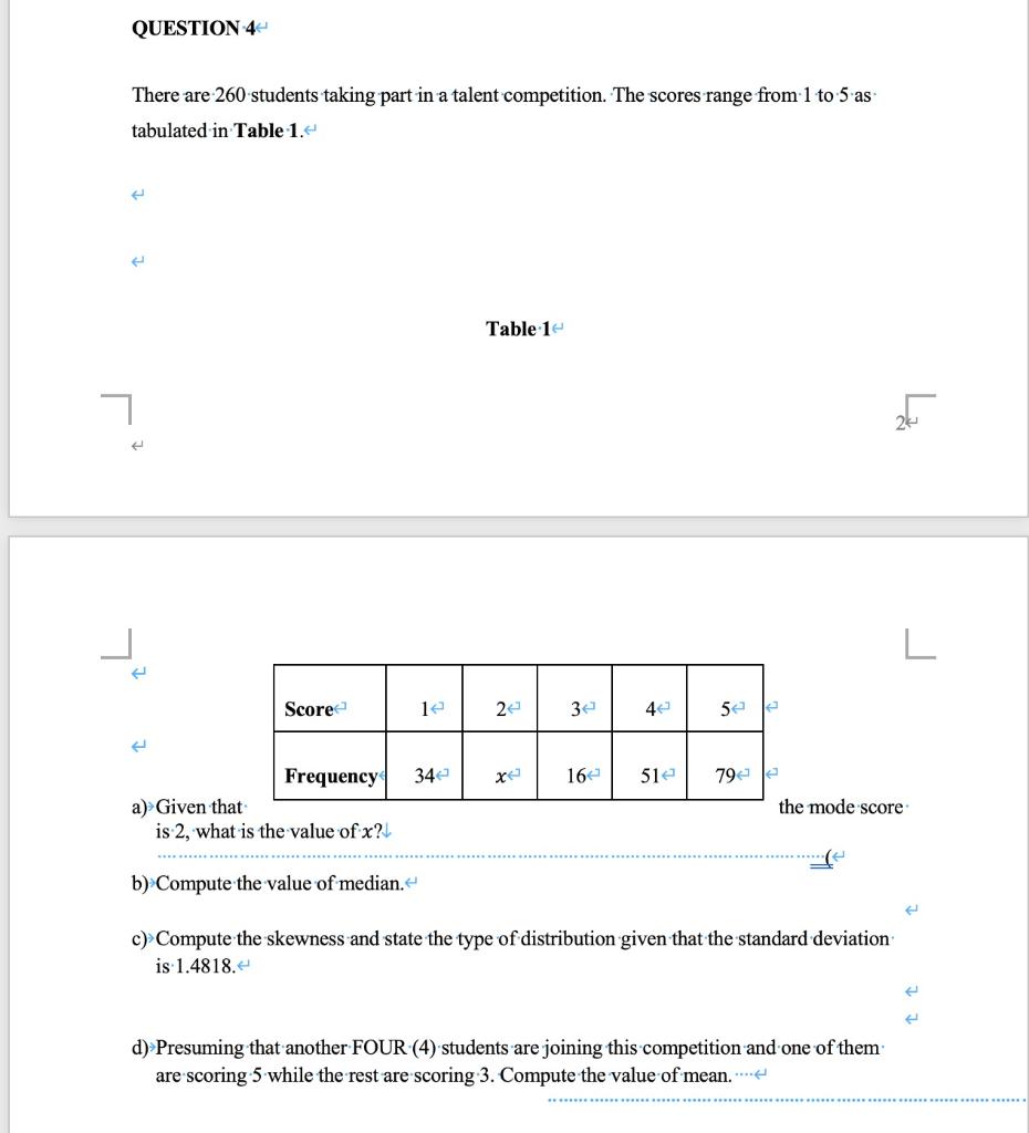 Question 4 There Are 260 Students Taking Part In A Talent Competition The Scores Range From 1 To 5 As Tabulated In Tabl 1