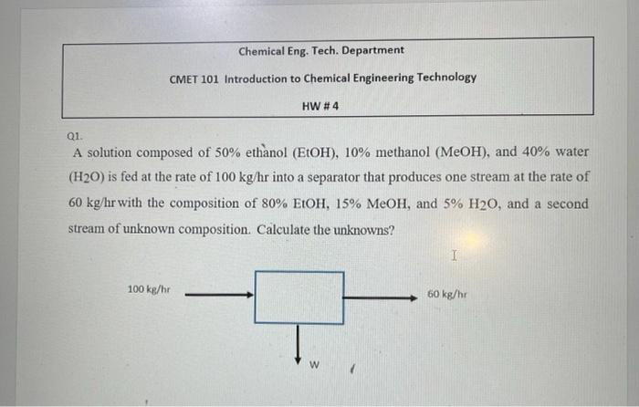 Chemical Eng Tech Department Cmet 101 Introduction To Chemical Engineering Technology Hw 4 Q1 A Solution Composed Of 2