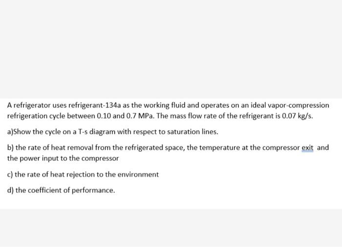 A Refrigerator Uses Refrigerant 134a As The Working Fluid And Operates On An Ideal Vapor Compression Refrigeration Cycle 1