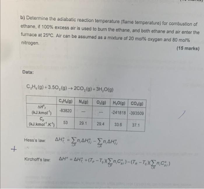 B Determine The Adiabatic Reaction Temperature Flame Temperature For Combustion Of Ethane If 100 Excess Air Is Used 1