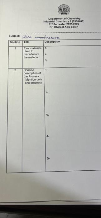 Please Write The Chemical Reactions For The Manufacture Of Silica In Position 2 1