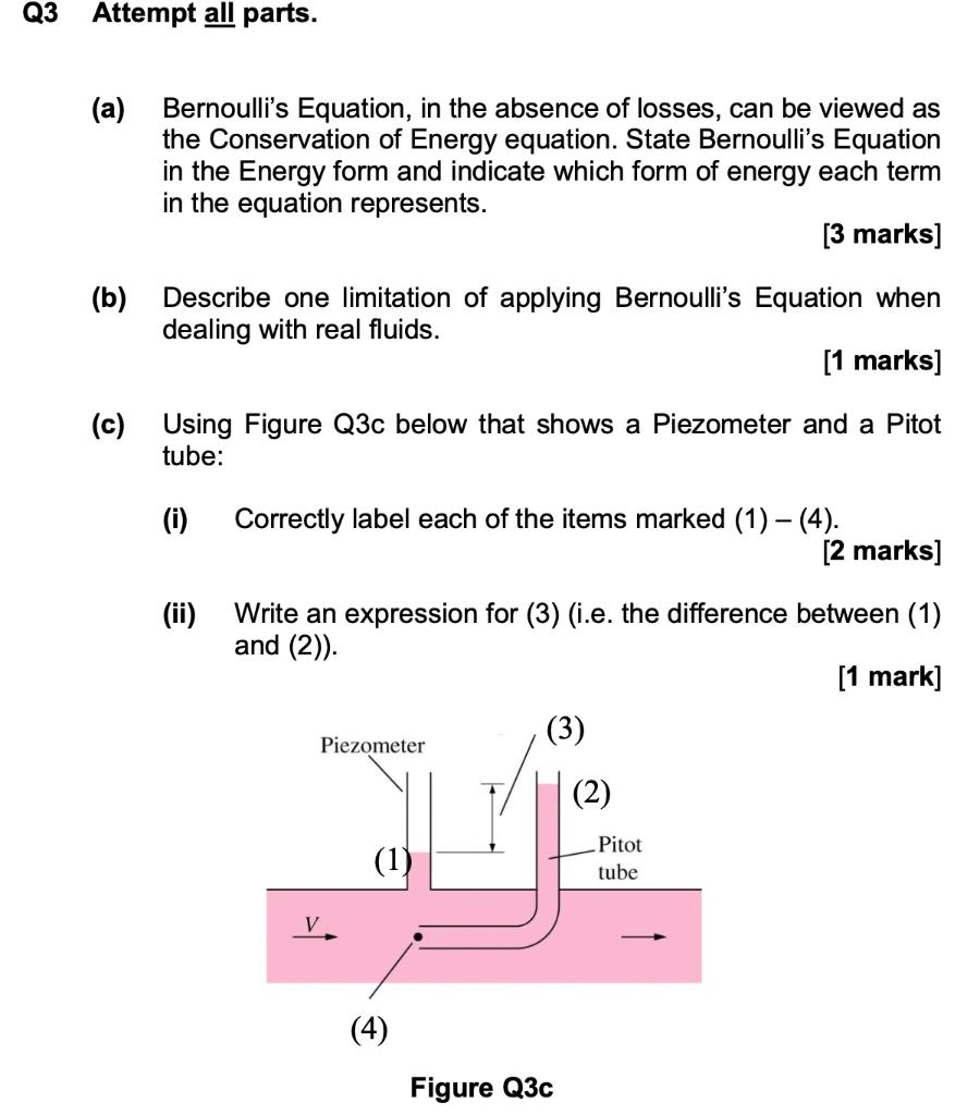 Q3 Attempt All Parts A Bernoulli S Equation In The Absence Of Losses Can Be Viewed As The Conservation Of Energy Eq 1