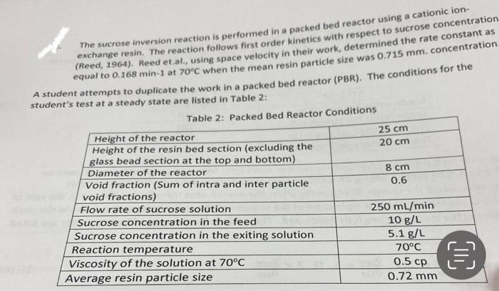 The Sucrose Inversion Reaction Is Performed In A Packed Bed Reactor Using A Cationic Ion Exchange Resin The Reaction F 1