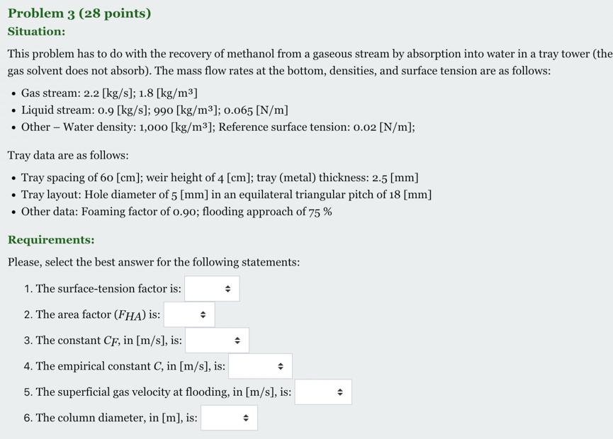 Problem 3 28 Points Situation This Problem Has To Do With The Recovery Of Methanol From A Gaseous Stream By Absorptio 1