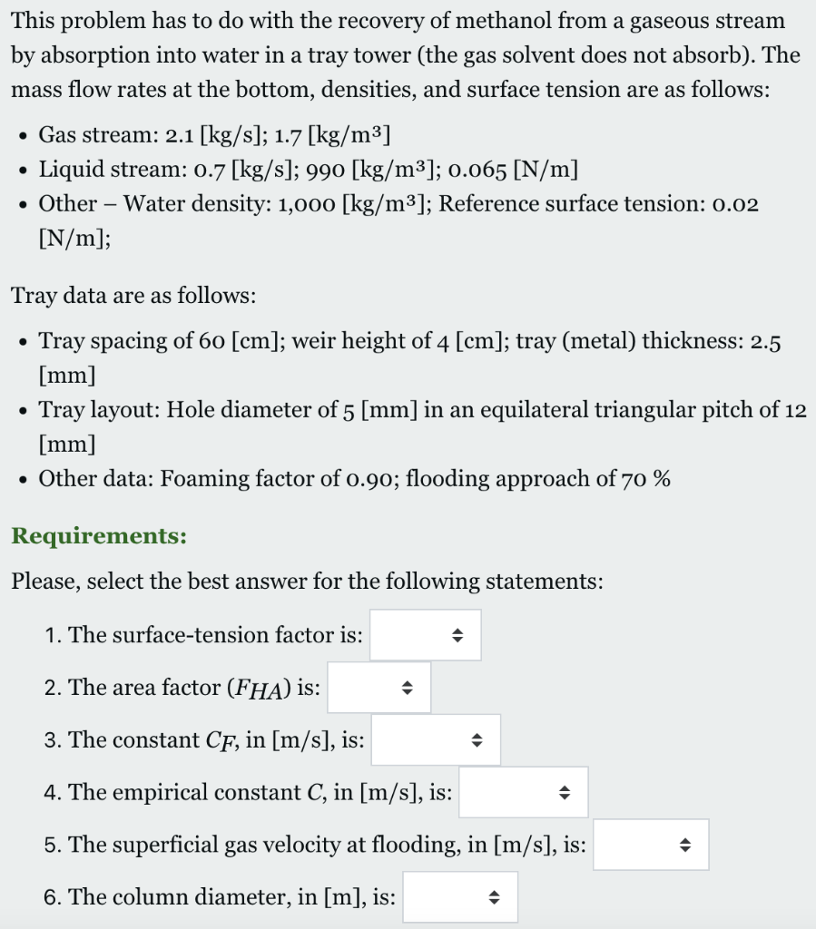 This Problem Has To Do With The Recovery Of Methanol From A Gaseous Stream By Absorption Into Water In A Tray Tower The 1
