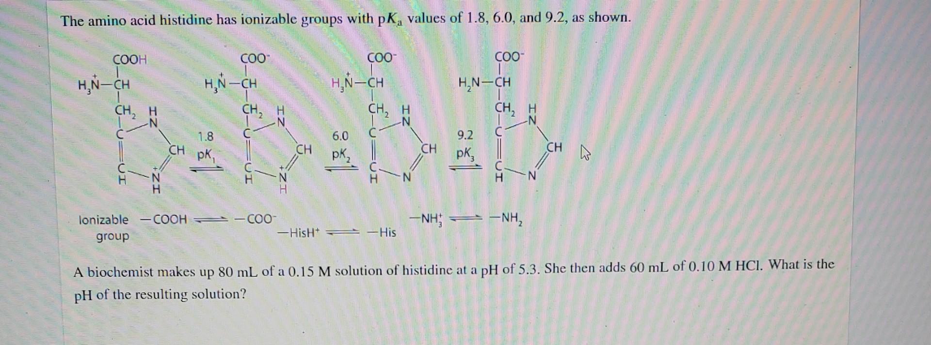 The Amino Acid Histidine Has Ionizable Groups With Pk Values Of 1 8 6 0 And 9 2 As Shown Cooh Coo Coo Coo Hn Ch H 1
