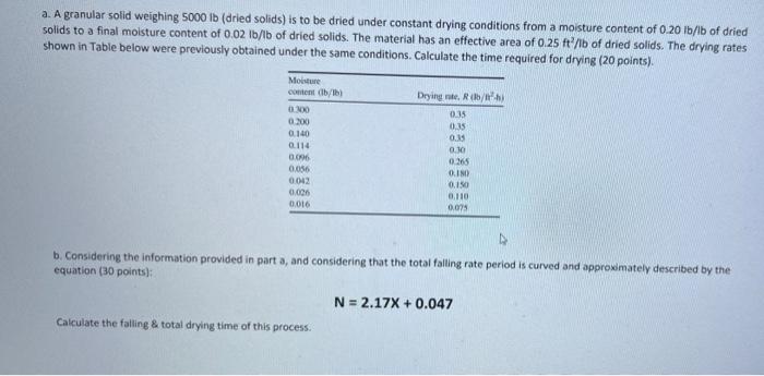 A A Granular Solid Weighing 5000 Lb Dried Solids Is To Be Dried Under Constant Drying Conditions From A Moisture Cont 1