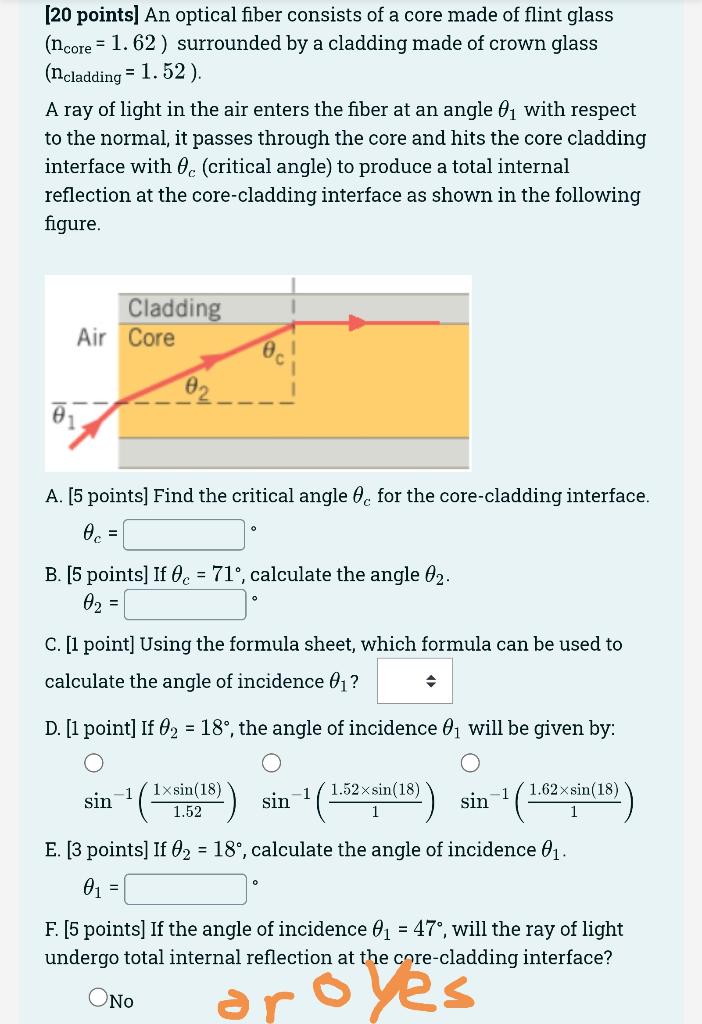 20 Points An Optical Fiber Consists Of A Core Made Of Flint Glass Ncore 1 62 Surrounded By A Cladding Made Of Crow 1