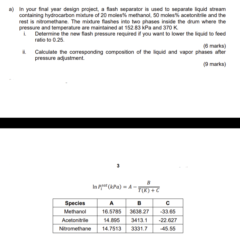 A In Your Final Year Design Project A Flash Separator Is Used To Separate Liquid Stream Containing Hydrocarbon Mixture 1