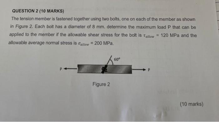 Question 2 10 Marks The Tension Member Is Fastened Together Using Two Bolts One On Each Of The Member As Shown In Fig 1