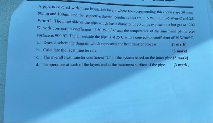 1 A Pipe Is Covered With Three Insulation Layers Where The Corresponding Thicknesses Are 50 Mm 80mm And 100mm And The 1