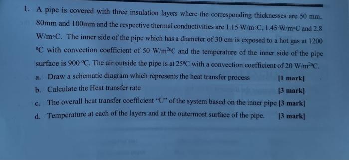 1 A Pipe Is Covered With Three Insulation Layers Where The Corresponding Thicknesses Are 50 Mm 80mm And 100mm And The 1