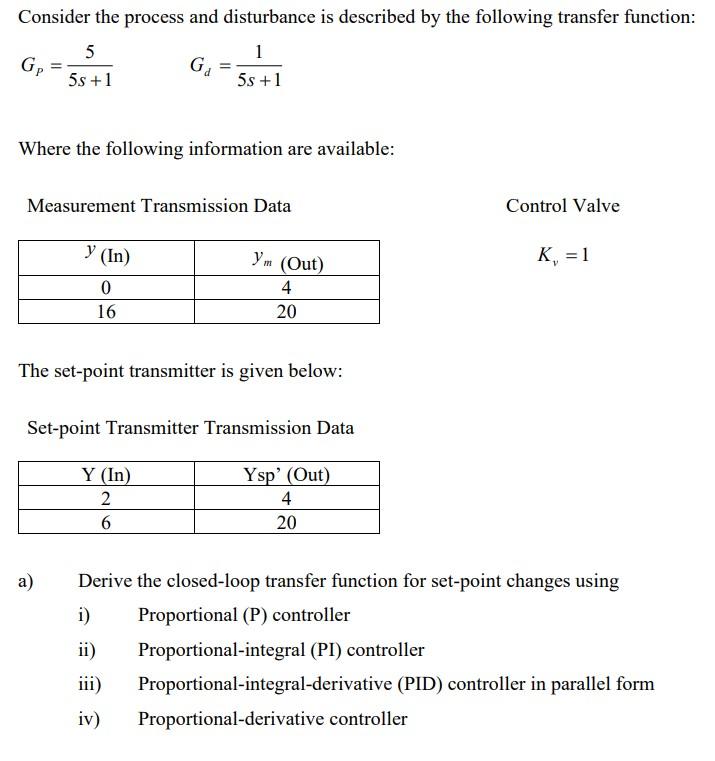 Consider The Process And Disturbance Is Described By The Following Transfer Function 5 1 G G 5s 1 5s 1 Where The Fo 1