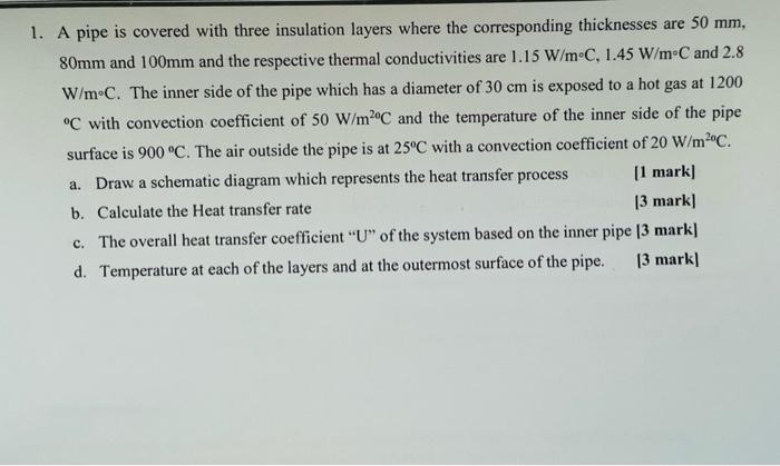 1 A Pipe Is Covered With Three Insulation Layers Where The Corresponding Thicknesses Are 50 Mm 80mm And 100mm And The 1