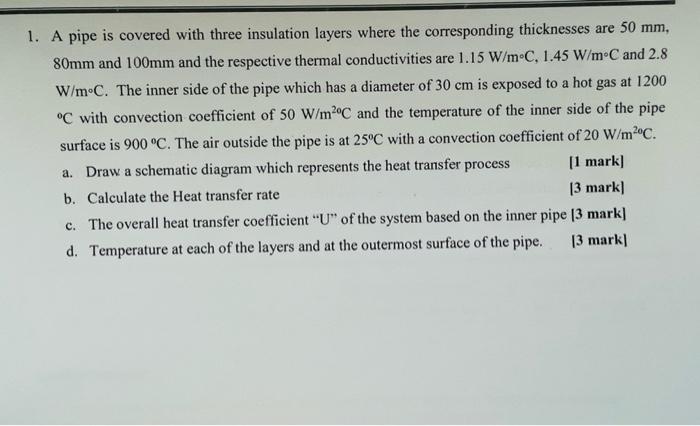 1 A Pipe Is Covered With Three Insulation Layers Where The Corresponding Thicknesses Are 50 Mm 80mm And 100mm And The 1