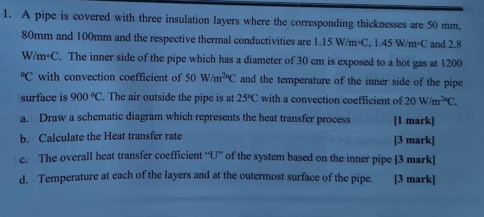 A 1 A Pipe Is Covered With Three Insulation Layers Where The Corresponding Thicknesses Are 50 Mm 80mm And 100mm And Th 1
