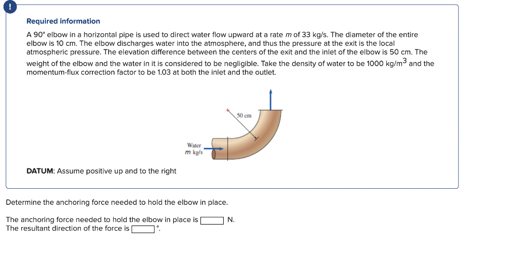 Required Information A 90 Elbow In A Horizontal Pipe Is Used To Direct Water Flow Upward At A Rate M Of 33 Kg S The Di 1