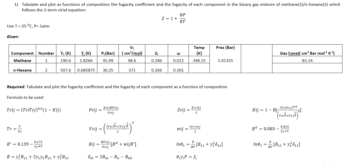1 Tabulate And Plot As Functions Of Composition The Fugacity Coefficient And The Fugacity Of Each Component In The Bina 1