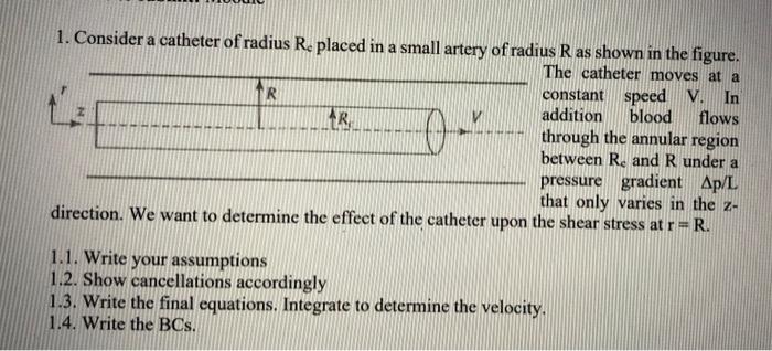 1 Consider A Catheter Of Radius Replaced In A Small Artery Of Radius R As Shown In The Figure The Catheter Moves At A 1