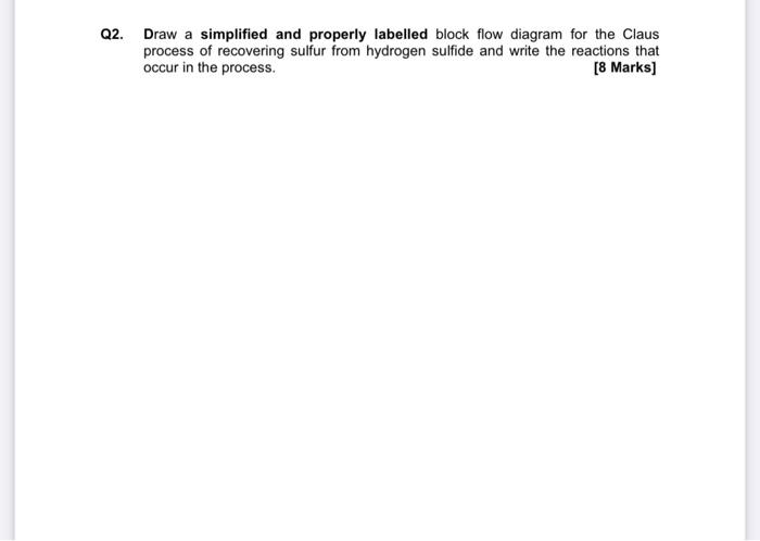 Q2 Draw A Simplified And Properly Labelled Block Flow Diagram For The Claus Process Of Recovering Sulfur From Hydrogen 1