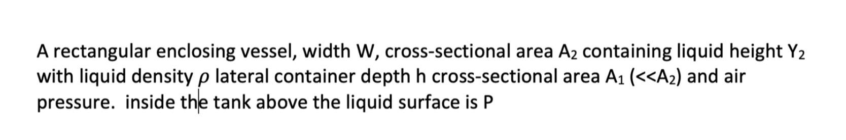 A Rectangular Enclosing Vessel Width W Cross Sectional Area Az Containing Liquid Height Y2 With Liquid Density P Later 1