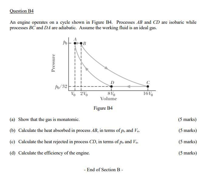 Question B4 An Engine Operates On A Cycle Shown In Figure B4 Processes Ab And Cd Are Isobaric While Processes Bc And Da 1