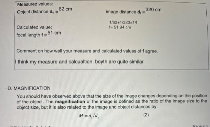 Measured Values Object Distance Do 62 Cm 320 Cm Image Distance Di 1 62 1 320 1 1 F 51 94 Cm Calculated Value Foca 1