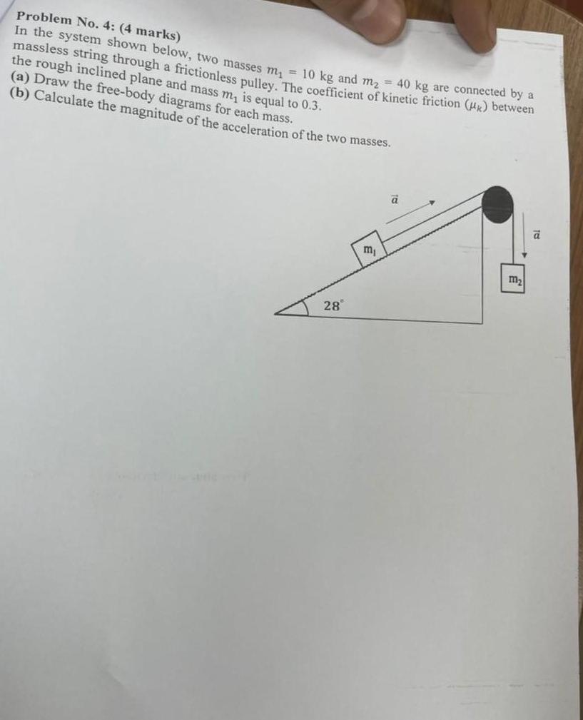 Problem No 4 4 Marks In The System Shown Below Two Masses Ma 10 Kg And M2 40 Kg Are Connected By A Massless Str 1