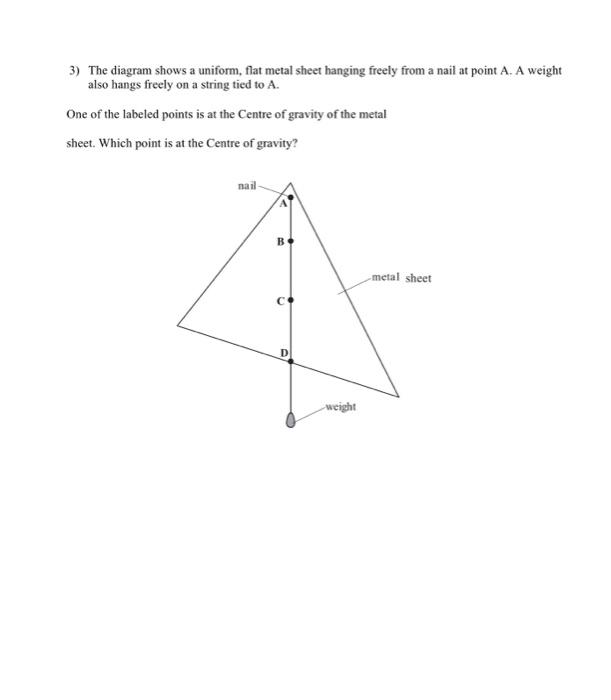 3 The Diagram Shows A Uniform Flat Metal Sheet Hanging Freely From A Nail At Point A A Weight Also Hangs Freely On A 1
