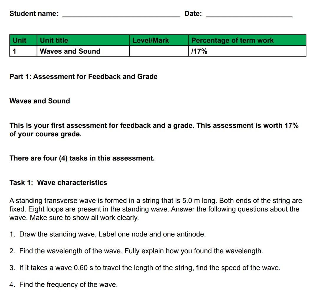 Student Name Date Unit Level Mark Unit Title Waves And Sound Percentage Of Term Work 117 1 Part 1 Assessment For Fee 1