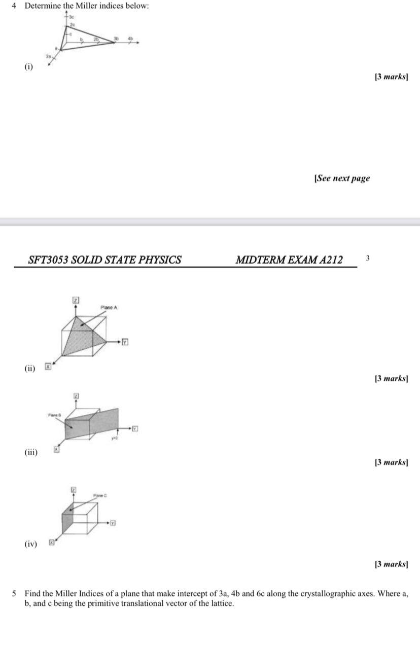 4 Determine The Miller Indices Below I 3 Marks See Next Page Sft3053 Solid State Physics Midterm Exam A212 Pane A 1