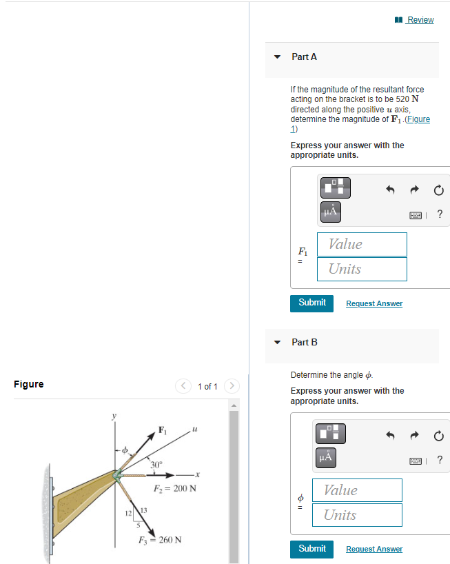 Review Part A If The Magnitude Of The Resultant Force Acting On The Bracket Is To Be 520 N Directed Along The Positive U 1