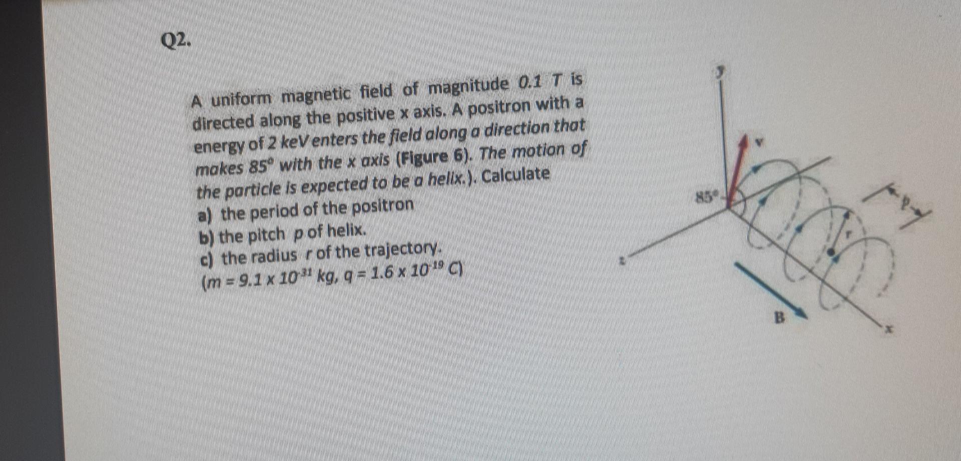 Q2 A Uniform Magnetic Field Of Magnitude 0 1 T Is Directed Along The Positive X Axis A Positron With A Energy Of 2 Kev 1