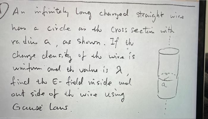 Has A A 1 An Infinitely Long Charged Straight Wire Circle As The Cross Section With Radius A As Shown If The Charge De 1