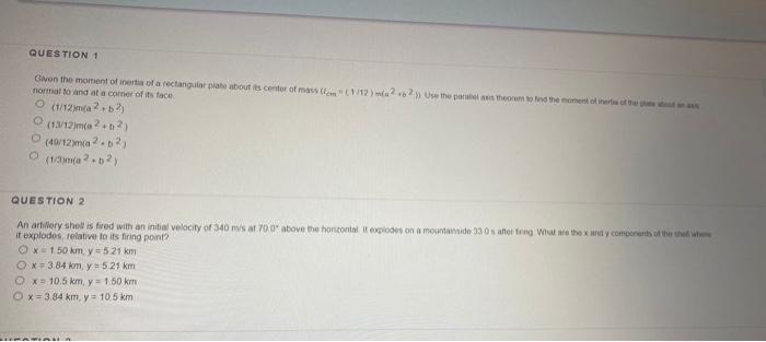 Question 1 Given The Moment Of Interior A Rectangular Plate Bout Its Center Of Mass 12 Use The Powers Theorem To In 1