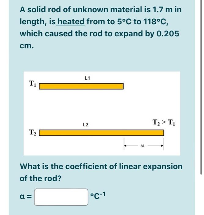A Solid Rod Of Unknown Material Is 1 7 Min Length Is Heated From To 5 C To 118 C Which Caused The Rod To Expand By 0 2 1