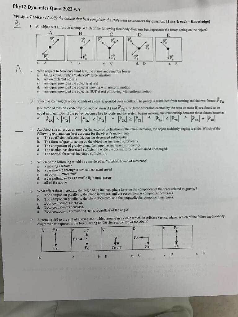 Phy12 Dynamics Quest 2022 V A Multiple Choice Identify The Choice That Best Completes The Statement Or Answers The Que 1