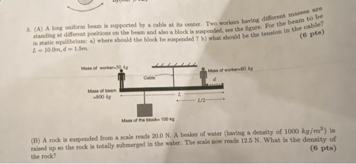 5 A A Long Uniform Beam Is Supported By A Cable At Its Center Two Workers Having Different Masses Are In Static Equi 1
