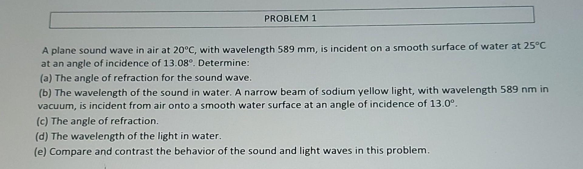 Problem 1 A Plane Sound Wave In Air At 20 C With Wavelength 589 Mm Is Incident On A Smooth Surface Of Water At 25 C At 1