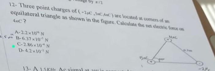 By 12 12 Three Point Charges Of 2c Sc Ac Are Located At Comers Of Equilateral Triangle As Shown In The Figure Calc 1